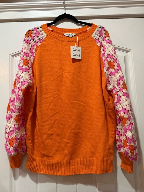 DAVI & DANI Sweaters - DAVI & DANI Orange Knit Sweater with Pink and Cream Crochet Sleeves